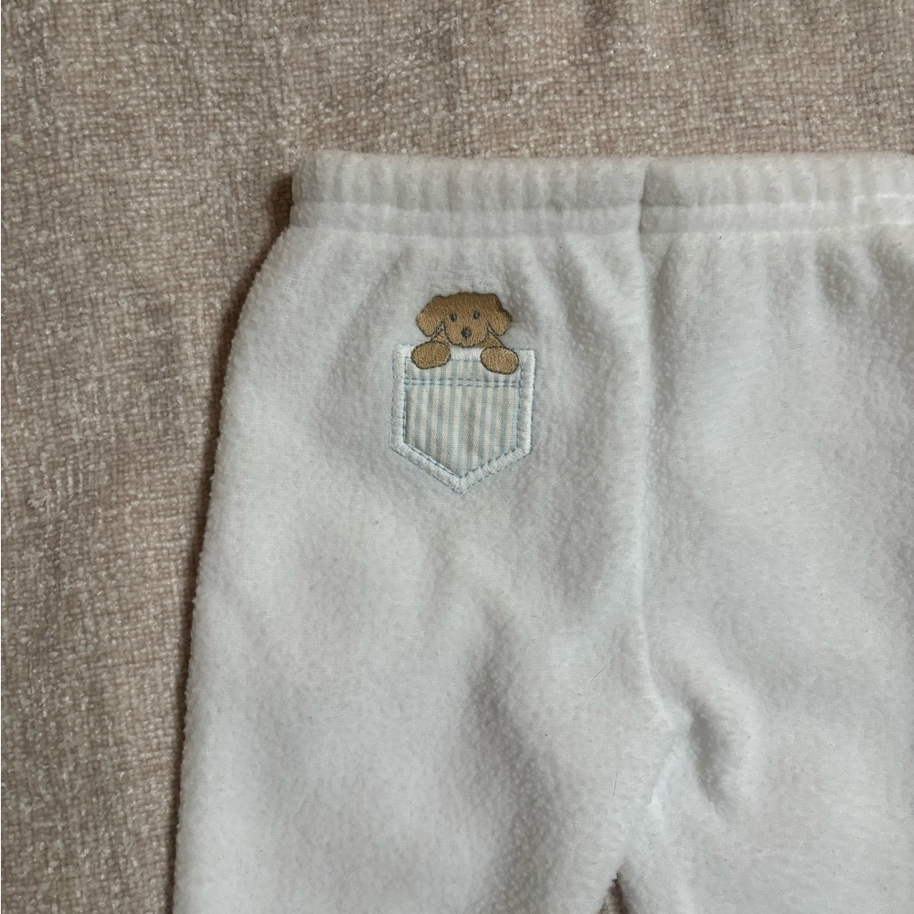 Vintage White Baby Fleece Pants with Pocket Puppy Applique